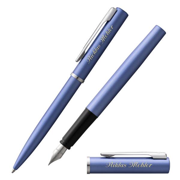 Waterman Schreibset Allure Blau C.C. Kugelschreiber und Füllfederhalter mit Laser-Gravur