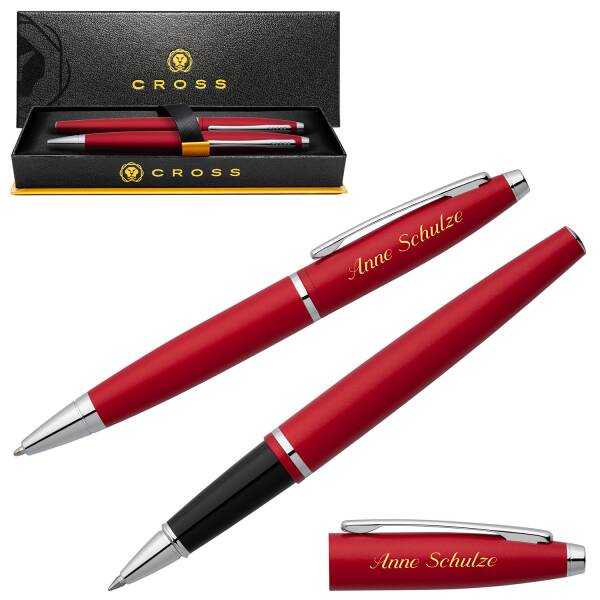 CROSS Schreibset CALAIS Rot Lack Kugelschreiber Tintenroller mit Laser-Gravur