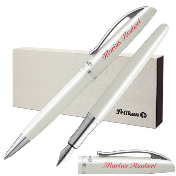 Pelikan Schreibset JAZZ ELEGANCE Weiß Metallic mit Namen farbig personalisiert Füllfederhalter und Kugelschreiber