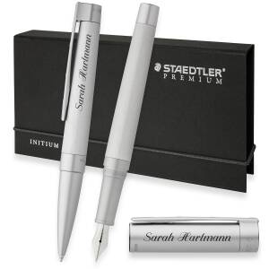 STAEDTLER Premium Schreibset Initium Metallum mit persönlicher Laser-Gravur Kugelschreiber und Füllfederhalter Aluminium natur eloxiert