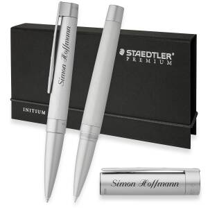 STAEDTLER Premium Schreibset Initium Metallum mit persönlicher Laser-Gravur Kugelschreiber und Tintenroller Aluminium natur eloxiert