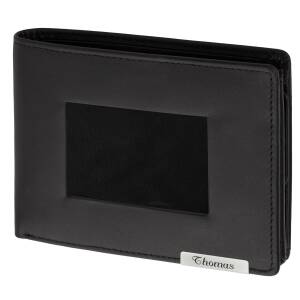 Cadenis Herren Leder Geldbörse mit großem Fotofach Glattleder schwarz quer 12,5 x 9,5 cm - optional mit Laser-Gravur