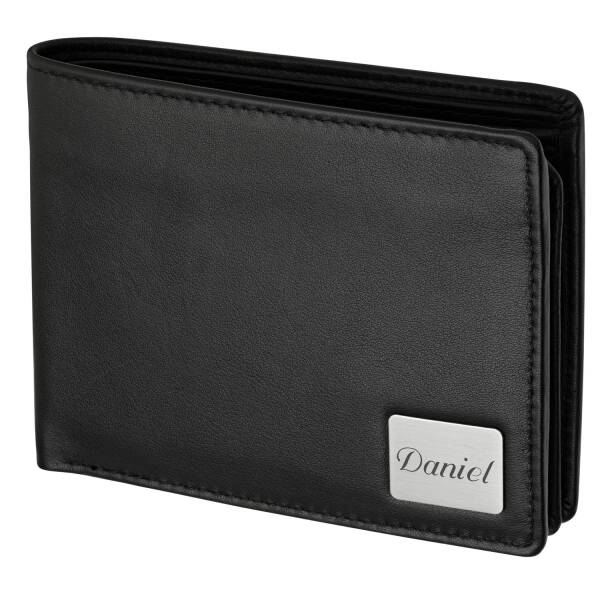 Cadenis Herren Geldbörse mit persönlicher Laser-Gravur aus Rindsleder schwarz Quer 12,0 x 9,5 cm Portemonnaie Basic