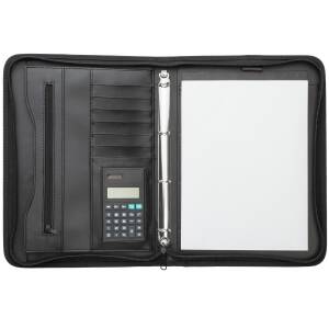 Cadenis Schreibmappe Konferenzmappe A4 mit Laser-Gravur aus Kunstleder schwarz mit Ringbuch Taschenrechner Rundum-Reißverschluss 35 x 25 x 4 cm