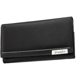 Cadenis Leder Damen-Geldbörse Brieftasche mit Laser-Gravur aus Schafnappa schwarz Querformat 17 x 9 cm