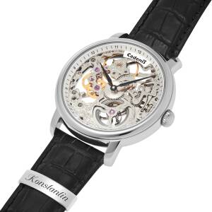 Cadenis Herren-Armbanduhr mit Laser-Gravur Mechanisch Handaufzug Saphirglas Skelett Edelstahl Leder-Armband schwarz 46 mm