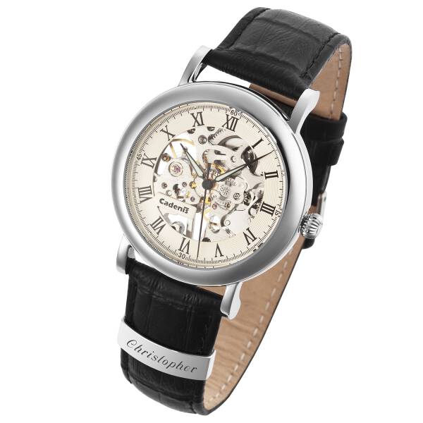 Cadenis Herren-Armbanduhr mit Laser-Gravur Mechanisch Handaufzug Skelett Edelstahl Leder-Armband schwarz 40 mm