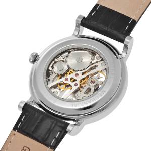 Cadenis Herren-Armbanduhr mit Laser-Gravur Mechanisch Handaufzug Skelett Edelstahl Leder-Armband schwarz 40 mm