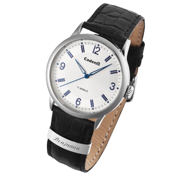 Cadenis Herren-Armbanduhr mit Laser-Gravur Mechanisch Handaufzug Edelstahl Leder-Armband schwarz 40 mm