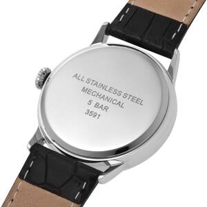 Cadenis Herren-Armbanduhr mit Laser-Gravur Mechanisch Handaufzug Edelstahl Leder-Armband schwarz 40 mm