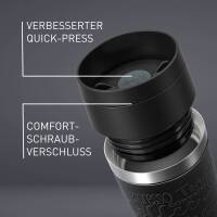 Emsa Thermobecher Travel Mug Classic Schwarz 360 ml mit persönlicher Rund-Gravur gelasert Edelstahl Soft-Touch-Manschette Quick Express Komfort Schraub-Verschluss