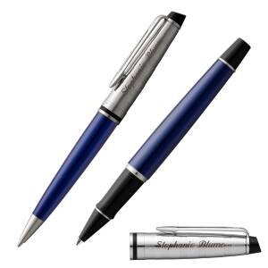 WATERMAN Schreibset EXPERT Tintenroller und Kugelschreiber mit Laser-Gravur - Farbe wählbar - Blau C.C. (2093657 + 2093656)