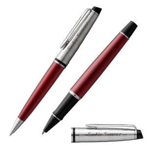 WATERMAN Schreibset EXPERT Tintenroller und Kugelschreiber mit Laser-Gravur - Farbe wählbar - Rot C.C. (2093661 + 2093660)