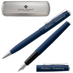 Diplomat Schreibset Esteem Collection Kugelschreiber Füllfederhalter mit Laser-Gravur verchromte Beschläge - Farbe wählbar: - Blau Matt C.C.