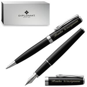 Diplomat Schreibset Excellence A2 Kugelschreiber Füllfederhalter mit Laser-Gravur - Farbe wählbar: - Lack Schwarz C.C.