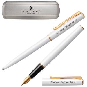 Diplomat Schreibset Traveller Collection Kugelschreiber Füllfederhalter mit Laser-Gravur - Farbe wählbar: - Weiß G.C.