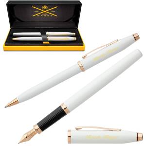 CROSS Schreibset CENTURY II Kugelschreiber Füllfederhalter mit Laser-Gravur - Farbe wählbar: - Perlweiß (40-AT0082WG-113 + 40-AT0086-113MF)