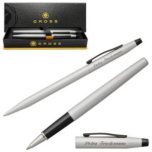 CROSS Schreibset CLASSIC CENTURY Kugelschreiber Tintenroller mit Laser-Gravur - Farbe wählbar: - Chrom gebürstet (40-AT0082-125 + 40-AT0085-124)