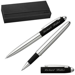 Senator Schreibset Nautic Kugelschreiber Tintenroller mit Laser-Gravur und Geschenk-Etui - Farbe wählbar - - schwarz