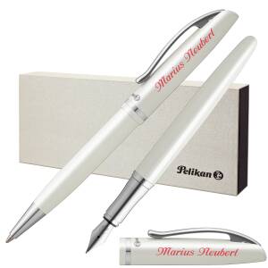 Pelikan Schreibset JAZZ ELEGANCE mit Namen farbig personalisiert Füllfederhalter und Kugelschreiber - Farbe wählbar - Weiß Metallic