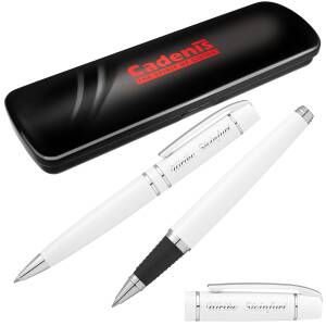 Cadenis Schreibset Metall Kugelschreiber Tintenroller VIP mit persönlicher Laser-Gravur, Farbe wählbar - Weiß