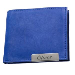 Cadenis Mini-Geldbörse mit Laser-Gravur aus genarbtem Rindsleder quer 11 x 8,5 cm - Farbe wählbar: - blau