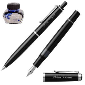 Pelikan Schreibset Classic Kolbenfüllhalter und Kugelschreiber mit Namen farbig personalisiert - Farbe wählbar: - 205 Schwarz C.C. SE