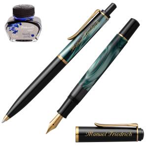 Pelikan Schreibset Classic Kolbenfüllhalter und Kugelschreiber mit Namen farbig personalisiert - Farbe wählbar: - 205 Grün-Marmoriert SE