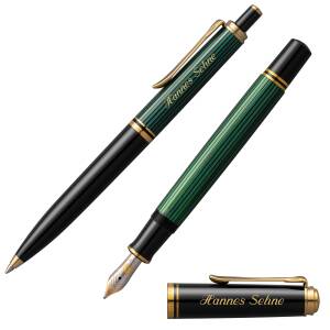 Pelikan Schreibset Souverän Kolbenfüllhalter und Kugelschreiber mit Namen farbig personalisiert Tintenflacon - Farbe wählbar: - 400 Grün