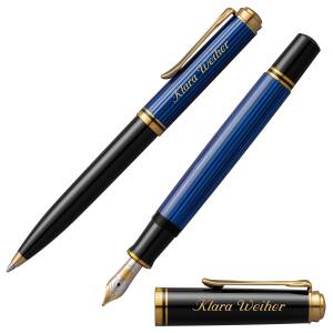 Pelikan Schreibset Souverän Kolbenfüllhalter und Kugelschreiber mit Namen farbig personalisiert Tintenflacon - Farbe wählbar: - 600 Blau
