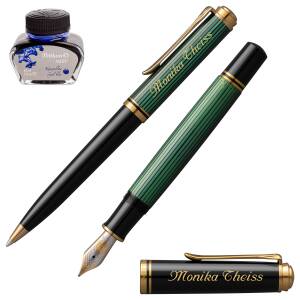 Pelikan Schreibset Souverän Kolbenfüllhalter und Kugelschreiber mit Namen farbig personalisiert Tintenflacon - Farbe wählbar: - 800 Grün