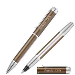 Pelikan Schreibset PURA mit persönlicher Laser-Gravur Kugelschreiber und Tintenroller aus Aluminium - Farbe wählbar - Mokka-Silber